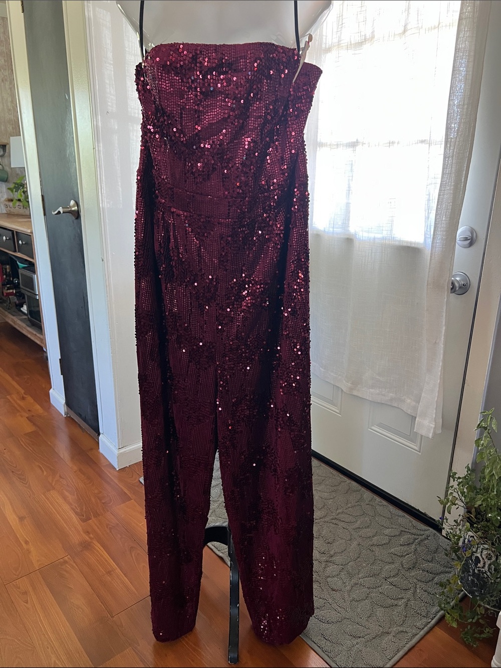 City Chic Strapless Sequin Jumpsuit in Deep Burgundy